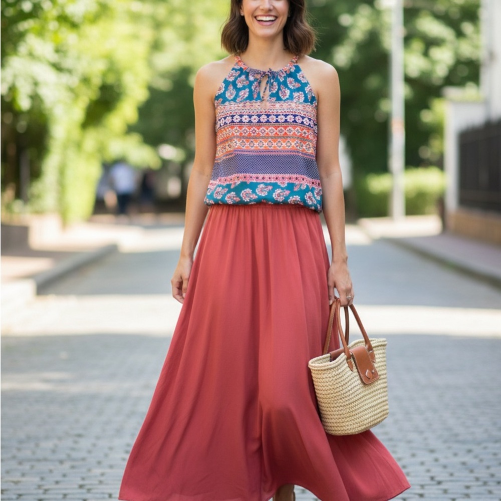 Willi Smith Coral and Blue Patterned Top